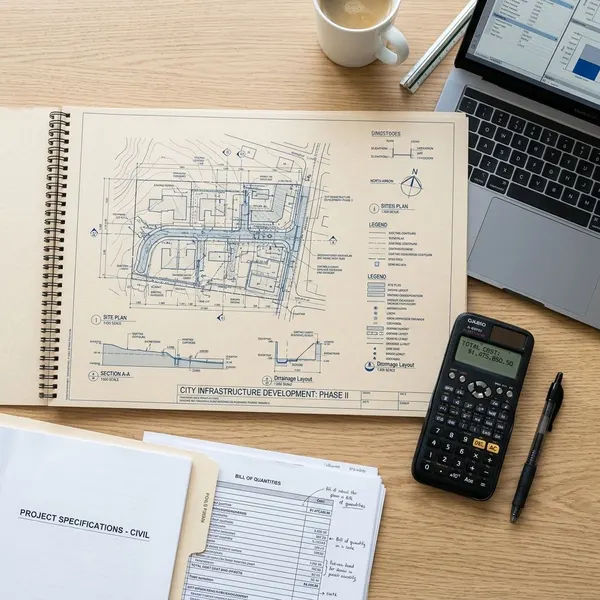 Engineering plans, software subscription documents and a calculator arranged for a BIM project cost comparison
