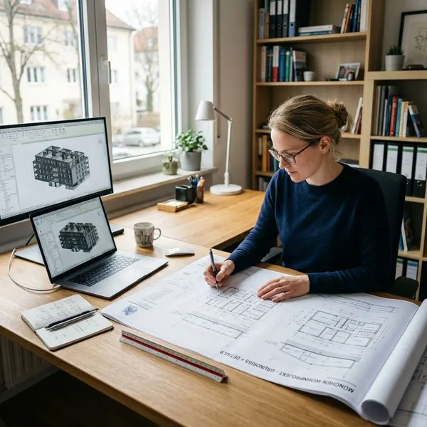 Freelance civil engineer Dipl.-Ing. Julia Weber reviewing BIM building and infrastructure models while calculating project costs